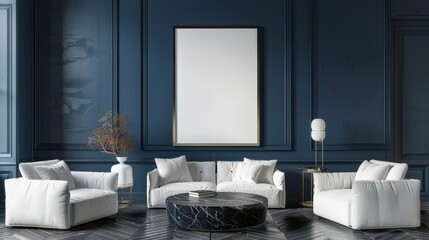 Modern Luxury Living Room with Blank Picture Frame on Deep Blue Wall Customizable Interior Design Inspiration for HighEnd Homes and Decor Nikon D7200 Shot