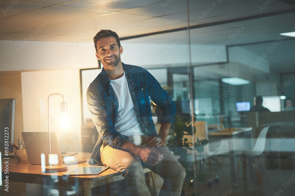 Poster happy, night and portrait of man in office for working overtime on company cybersecurity firewall. s