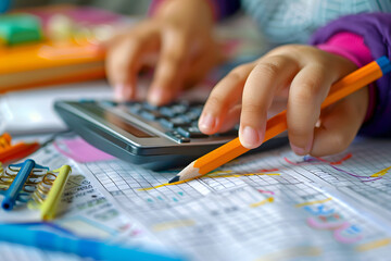 Child Solving Math with Calculator