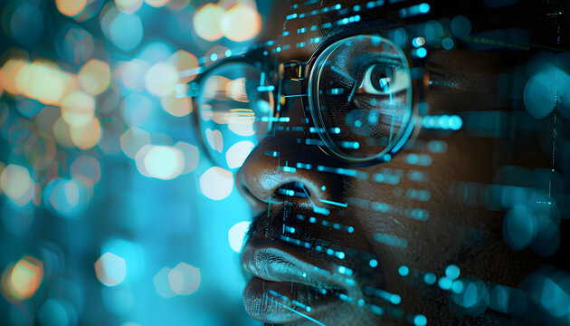 A Man Wearing Glasses Looks at a Computer Screen With Blue Digital Lines