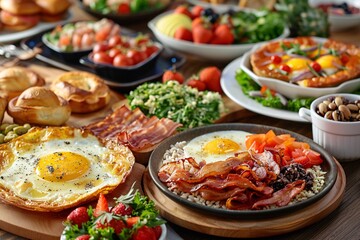 Brunch spread with a variet of dishes pastries. Village Breakfast with pastries, vegetables, greens, spreads, cheeses, fried eggs, jams.
