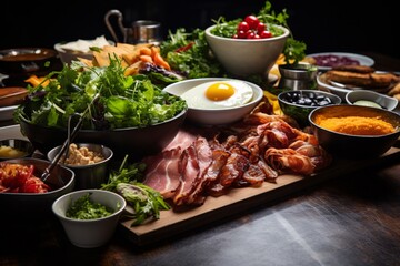 Brunch spread with a variet of dishes pastries. Village Breakfast with pastries, vegetables, greens, spreads, cheeses, fried eggs, jams.
