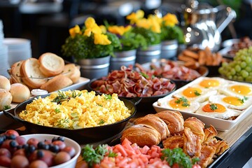 Brunch spread with a variet of dishes pastries. Village Breakfast with pastries, vegetables, greens, spreads, cheeses, fried eggs, jams.