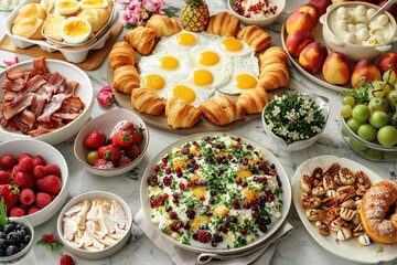 Brunch spread with a variet of dishes pastries. Village Breakfast with pastries, vegetables, greens, spreads, cheeses, fried eggs, jams.