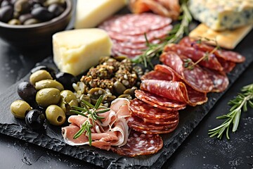 Antipasto platter with prosciutto crudo or jamon, ham, salami, cheese, olives and grapes. Elegant charcuterie board with a variety of cured meat.
