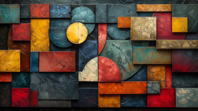 Chaotic mix of geometric shapes in various colors