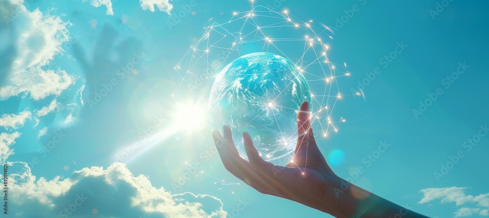 Poster businessman touching circle of global network connection and data exchange on sunset background, con