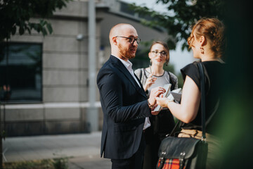 Group of business professionals having an insightful conversation outdoors. Interaction between colleagues in an urban setting during a business meeting.
