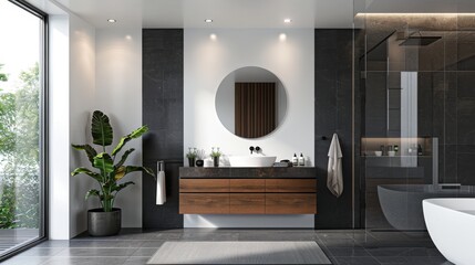 Modern Luxury Bathroom Elegant Design with Customizable Art Wall Dark Wood Vanity and Glass Shower Enclosure Serene and Sophisticated Interior Decor Photography by Sony Alpha 1