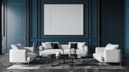 Modern Elegance Luxurious Living Room with Empty Frame on Deep Blue Wall Perfect for Personalized Artwork. Sony Alpha 7C Photography