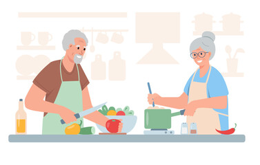 Senior man and woman cooking together. Elderly couple cook healthy food in kitchen. Active lifestyle and hobby for grandparents. Vector cartoon or flat illustration.