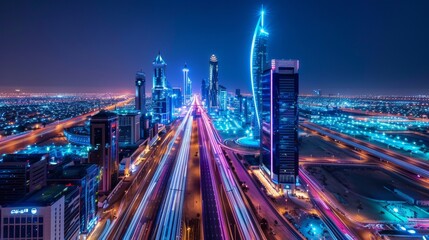 Obraz premium Neon Nights Aerial Cityscape with Kingdom Centre Tower Vibrant Urban Lights and Traffic Trails in Modern Metropolis Stunning Canon EOS 6D Mark II Capture