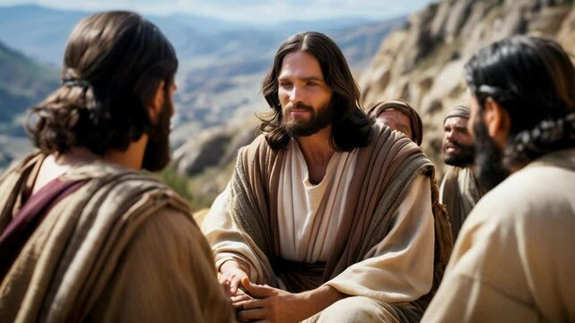 Jesus Christ passionately speaking to a group of followers in a desert setting, emphasizing teachings and spiritual guidance. This scene is ideal for religious, educational, and inspirational content.