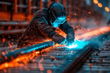 A welder in a protective helmet and equipment performs welding and grinding at his workplace. 