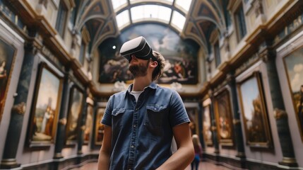 Virtual Reality meets Classical Art Young Man Explores Museum with VR Headset in Grand Hall Immersive Technology and Historical Beauty Collide in Modern Art Appreciation Scene