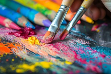 Obraz premium Closeup of an artist's hand painting with colorful oil paints on a canvas