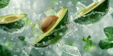Flying avocado with crystal ice and mint