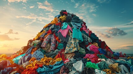 Eclectic Fashion Waste A Towering Pile of Discarded Clothes Under Bright Daylight Environmental Impact and Sustainability Concept. Canon EOS 80D Stock Image
