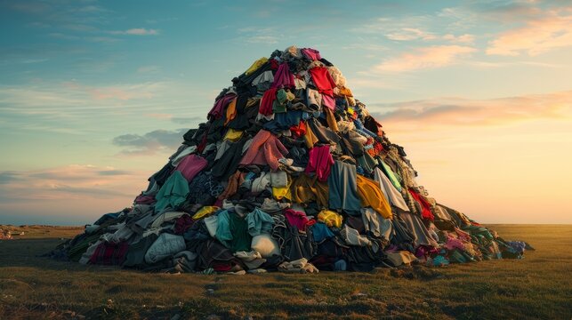 Eclectic Fashion Waste A Towering Pile of Discarded Clothes Under Bright Daylight Environmental Impact and Sustainability Concept. Canon EOS 80D Stock Image