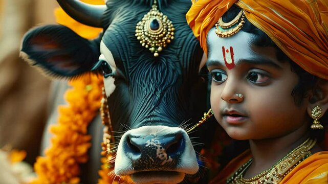 Charming depiction of a young Krishna in traditional attire, adorned with jewelry, sitting beside a serene white cow. The image captures a tender moment in a lush green setting.
