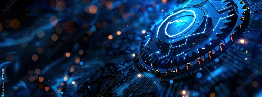 Poster glowing blue circuit board with electronic components and a security shield icon in the center