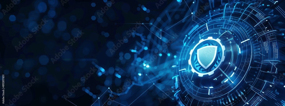 Poster glowing blue shield icon over dark blue background with circuit board and bokeh lights