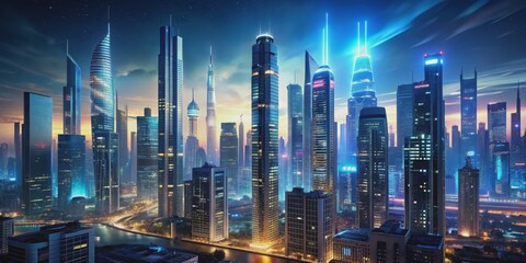 Obraz premium A Nighttime View of a Futuristic Cityscape with Illuminated Skyscrapers and a River, digital art, cityscape, night, futuristic, skyscrapers, city