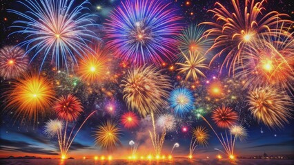 Naklejka premium A Symphony of Colors Fireworks Over the City, Celebration, Night Sky, Festive, Holiday , firework , celebration