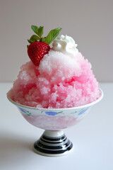 Pink shaved ice dessert with whipped cream and strawberry on top.