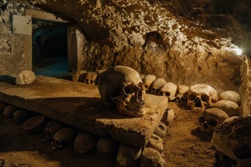 Eerie catacomb interior with a collection of human skulls on display in dim light