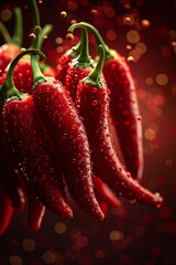 Red peppers floating in the air on a red background