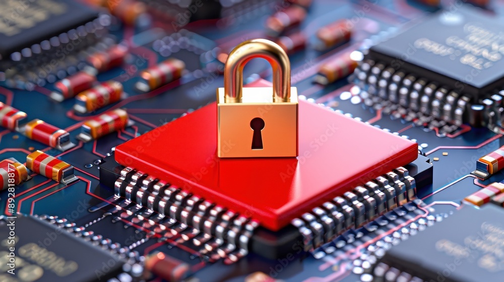 Poster microchip with padlock symbolizing data security and protection in modern technology. concept of cyb
