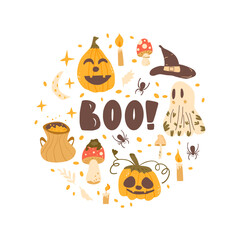 Halloween circular emblem. Boo label. Pumpkins, ghosts, poison witch hats and others round composition. Collection of autumn festive elements badge. Vector illustration on white background.
