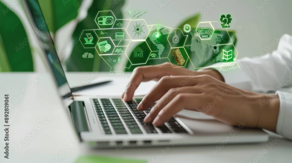 Poster a person typing on a laptop with green technology icons hovering above the keyboard