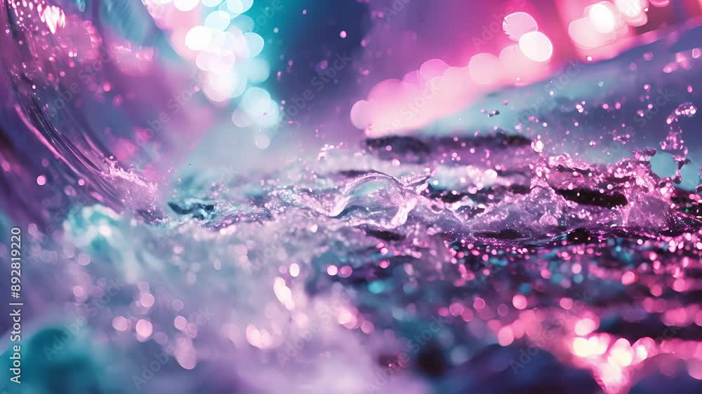 Poster closeup of a water slide exit with a rush of water and bright lights creating a fun and thrilling at