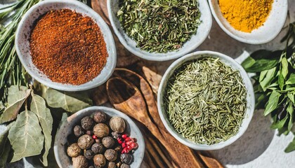 Colourful background from various herbs and spices for cooking in bowls. Top view; aromatic ingredients concept, copy spase
