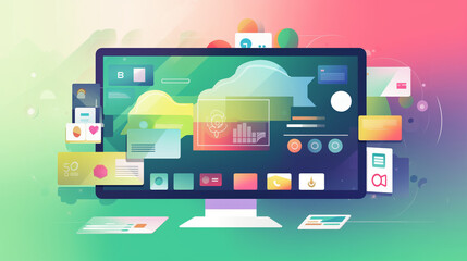 A vibrant, colorful thumbnail showcasing a realistic computer screen centered in the image. The screen displays a well-organized homepage with a variety of recognizable icons for common websites and a