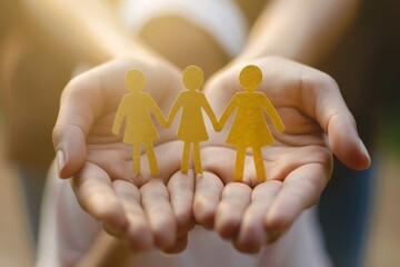 Hands encircling paper people in a gesture of protection. Insurance concept