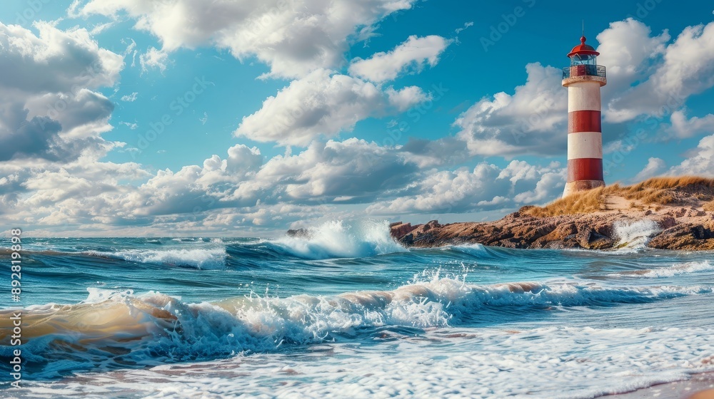 Canvas Prints Breathtaking scenic wallpaper featuring a majestic coastal lighthouse standing tall against a backdrop of crashing ocean waves and a serene,atmospheric sky.