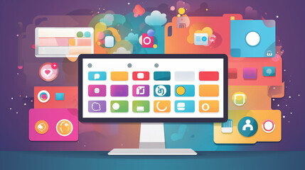 A vibrant, colorful thumbnail showcasing a realistic computer screen centered in the image. The screen displays a well-organized homepage with a variety of recognizable icons for common websites and a
