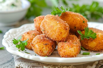 Appetizing crispy cheese balls garnished with parsley on a white plate