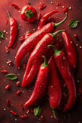 Red peppers floating in the air on a red background