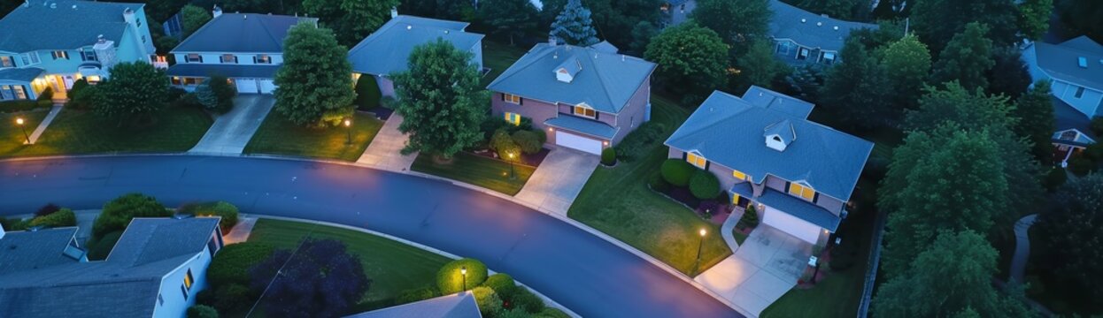 An aerial view of a new construction neighborhood street of upper middle class houses in Maryland, USA