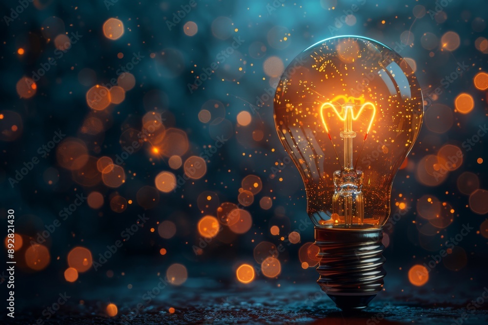 Poster close-up of illuminated light bulb with bokeh background.