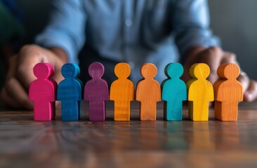 Market segmentation. Customer care. Groups of buyers. Customer relationship management. Selective focus. Members of a multicolored wooden group.