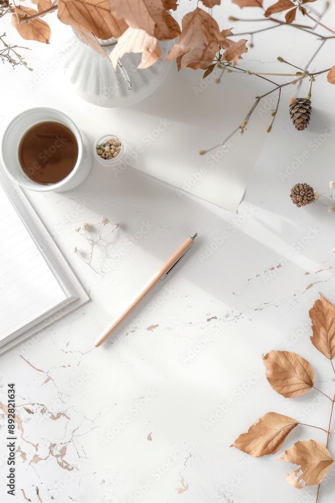 Poster a cup of coffee and a notebook sit on a table, perfect for writing or studying