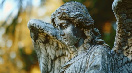 Obraz premium A detailed view of an angel's face and body, perfect for use in illustrations, designs or as a symbol of faith