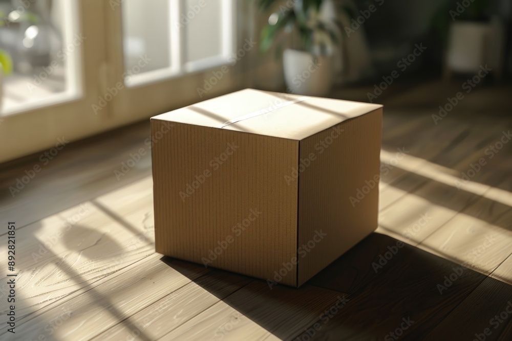 Poster A cardboard box sitting on the floor with a view through the window