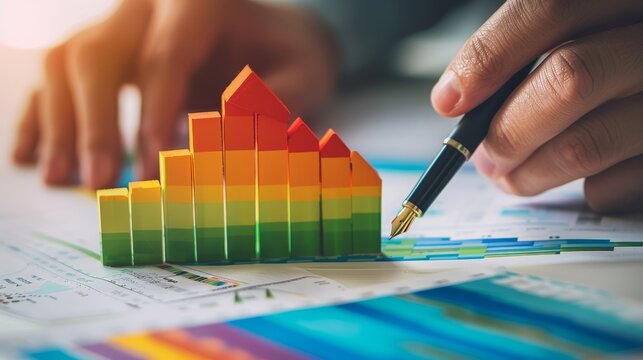 Green Energy Efficiency Pen in Hand Financial Documents with Colorful Rating Model of House Nikon Z7 II Stock Image - Powered by Adobe