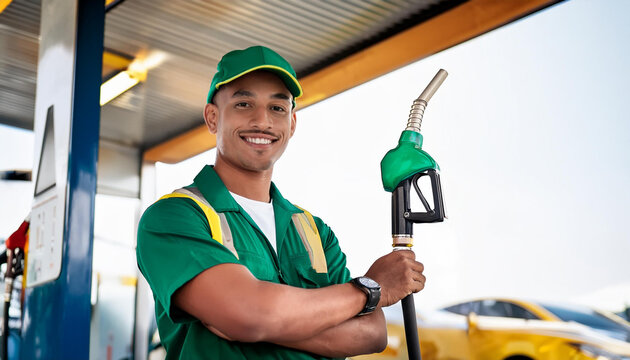 Atendente de posto de gasolina sorridente segurando o bocal de combust&iacute;vel